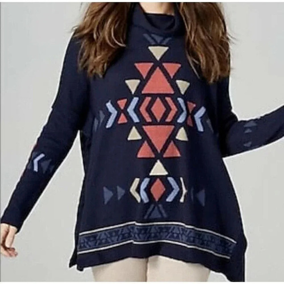 J. Jill Sweater Size XS Petite Aztec Poncho Oversize Funnel Neck Turtleneck Boxy - Picture 1 of 16